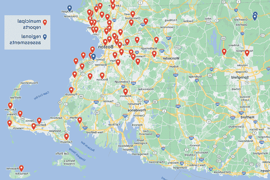 screenshot of a google map of Massachusetts with many markers clustered eastern half.