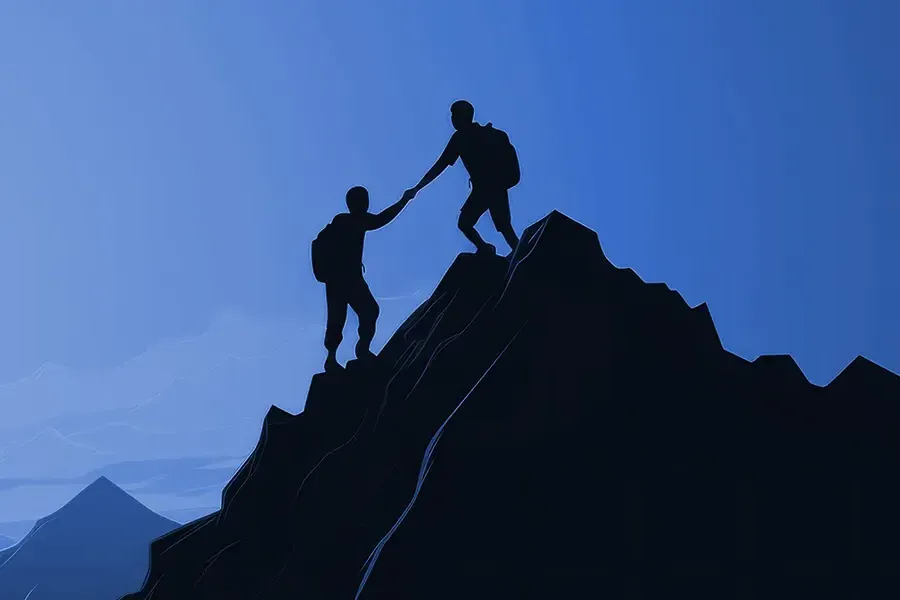 Two people help each other to top of mountain graphic.